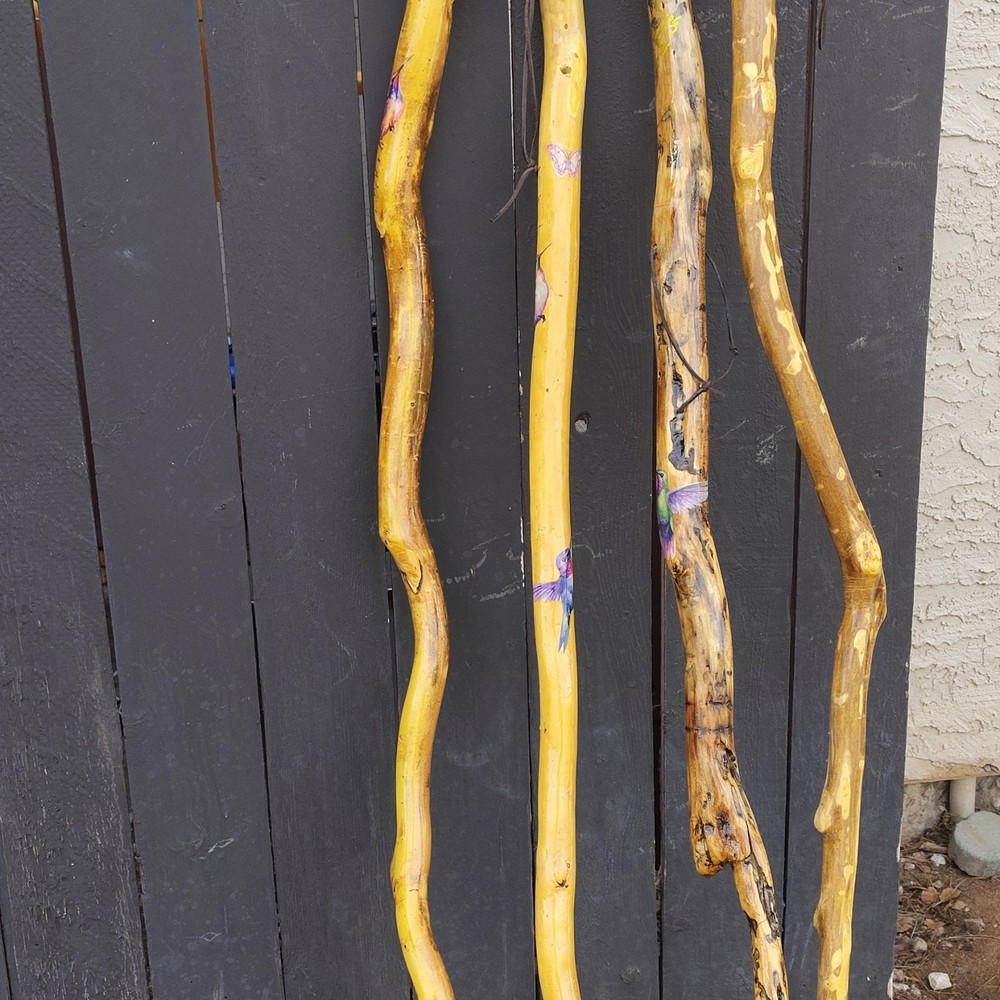 Handcrafted Wood Hiking Walking Stick Lot of 4 Brown/Yellow Unisex Adults