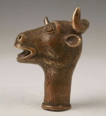old bronze statue animal cattle bull cane walking stick head handle accessorie