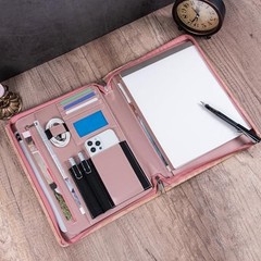 Pink PU Embossed Leather Padfolio for Women—A4 Document Holder—Zipper