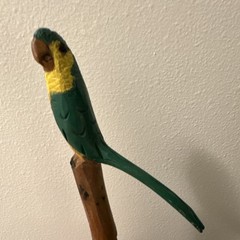 Hand Carved Wood Walking Stick Cane, Painted Green & Yellow Parrot – Jamaica