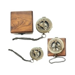 Vintage Antique Sundial Compass, With chain, With Wooden Box