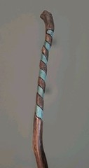 ​Custom Hand Carved Oak Cane Walking Stick Teal Spiral Petrified Wood Inlay 45″