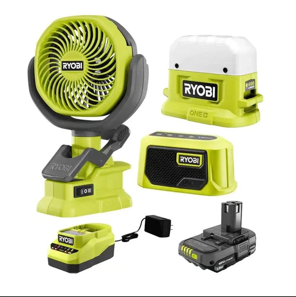 Ryobi 18V Compact Camper’s Kit – Cordless Light, Speaker, Fan, Battery, Charger