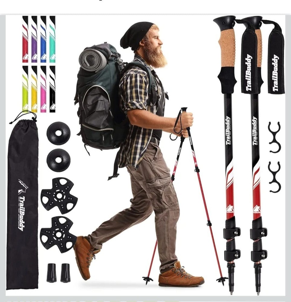 TrailBuddy Hiking Trekking Poles Adjustable Aluminum Cork Grip w/ Accessories