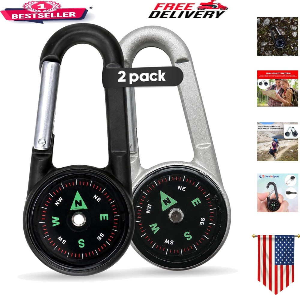 2-Pack Portable Carabiner Clip Compass Keychains for Hiking & Outdoor Adventures