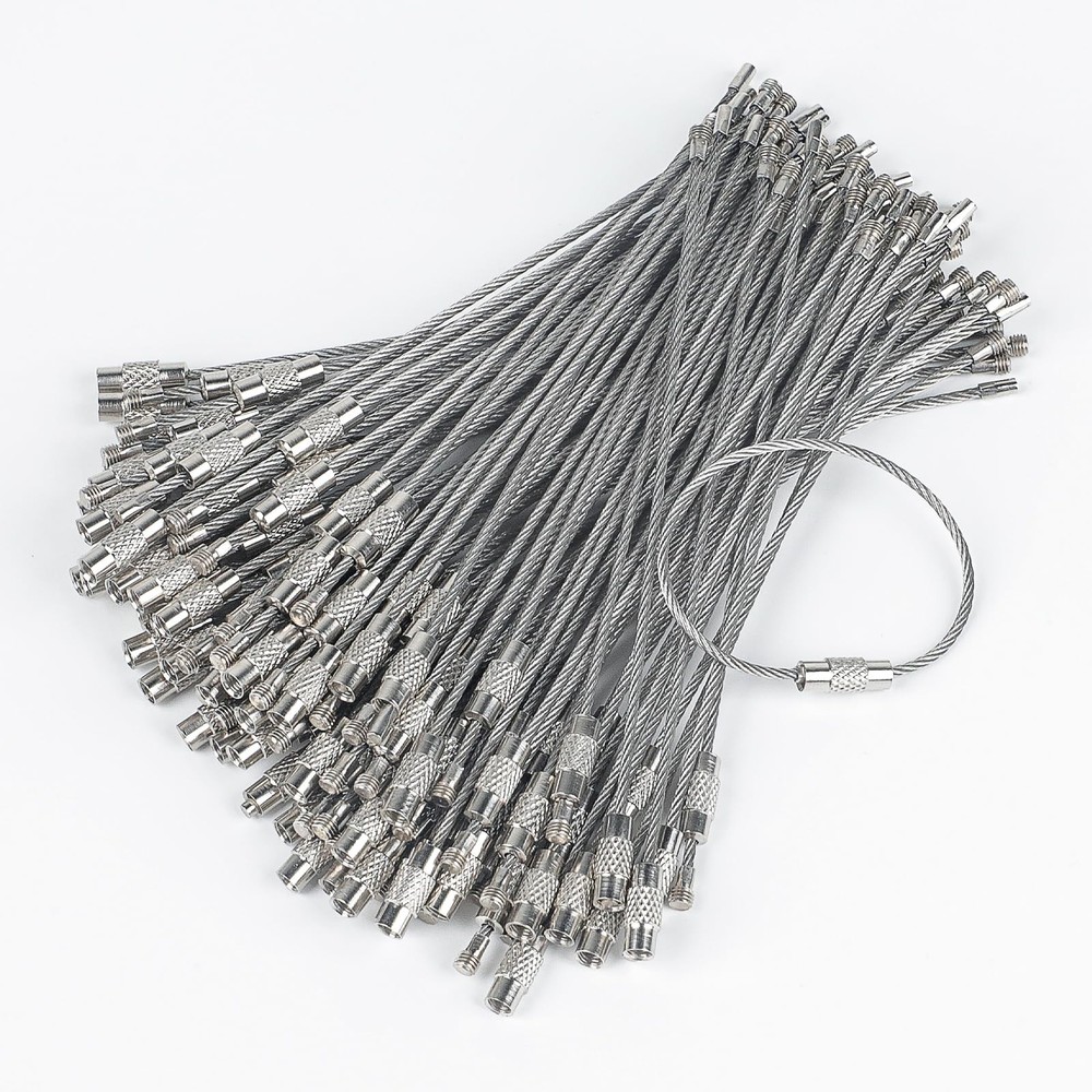 Pawfly 5 Inch Wire Keychain Cable Large Stainless Steel Key 100 Pack, Silver