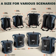 Blue Waterproof Backpack – 55L/85L – Heavy Duty Roll-Top Hiking Bag – 35L