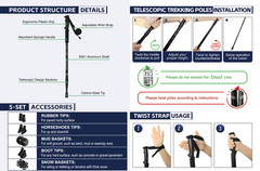 2X Trekking Poles Nordic Walking Hiking Sticks Adjustable Anti-shock Alpenstock
