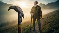 Walking Cane/Axe Handle Design, Black Metal Head, Wooden Shaft, Gold Accent Band
