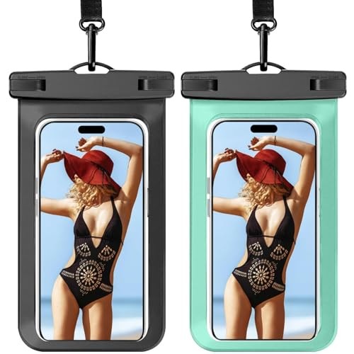 2 Pack Waterproof Phone Pouch, Waterproof Beach Bag 7in A3-Black+Green-2 pack