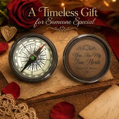 Personalized brass pocket compass, leather case, antique nautical gift engraved