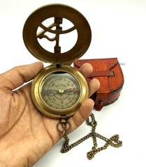 Brass Compass Sundial Engraved Compass With Leather Case Brass Compas With Chain