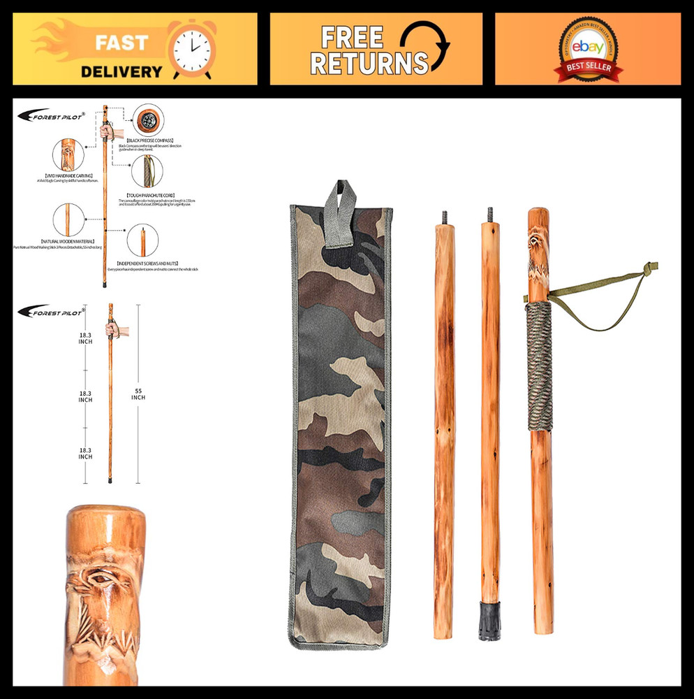 3pc Detachable Hiking Walking Stick Set – 55″ Fir Wood, Compass, Animal Carving,