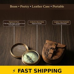 Wind & Weather Antiqued Brass Poem Compass with Leather Case