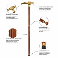 Handmade Brass Viking Hammer Walking Stick, Medieval Wooden Cane, Norse Gothic G