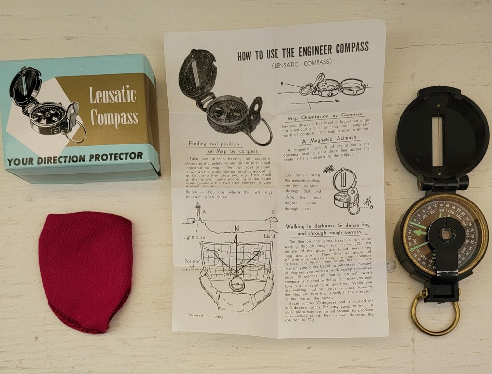 Vintage Lensatic Compass with Box, Bag and Instructions