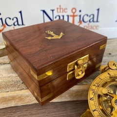 Small 2.5″ Brass Sundial Desk Compass w/ Wooden Box – Old Vintage Antique Style