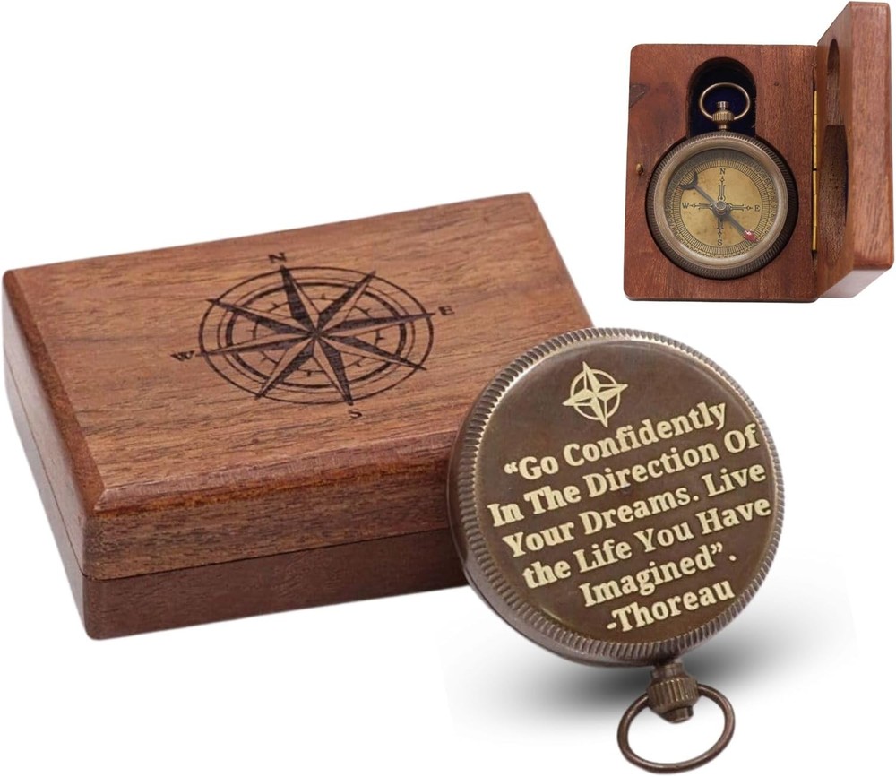 Compass Gift for Mom/Dad, Vintage Pocket Compass Engraved with Go Confidently Cu