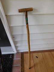 Vintage Wooden Wood Walking Stick with Aqua / Turquoise Blue Ribbon Feathered ?
