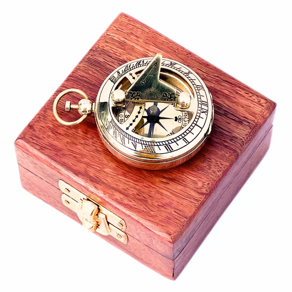 Marine Sundial Compass With Nautical Solid Wooden Box Vintage Brass Ship Navigat