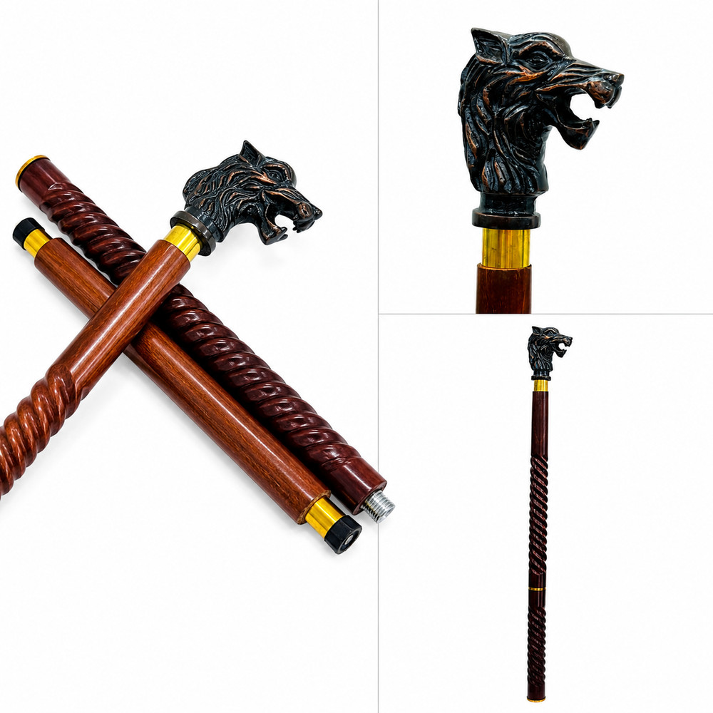 Walking Cane/Axe Handle Design, Black Metal Head, Gold Accent Band Walking Stick