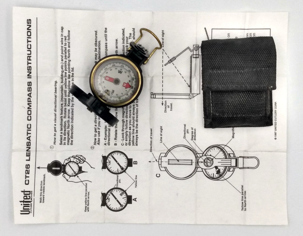 United Cutlery Brands CT26 Lensatic Compass with Case & Instructions