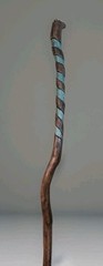 ​Custom Hand Carved Oak Cane Walking Stick Teal Spiral Petrified Wood Inlay 45″