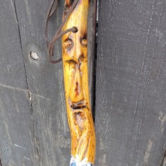 Handmade Wooden Walking Stick with Carved Face and Painted Accents for Hiking