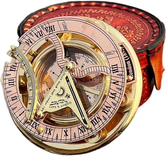 Antique Brass & Copper Sundial Compass, Sundial Clock in Leather Box Gift