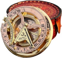 Antique Brass & Copper Sundial Compass, Sundial Clock in Leather Box Gift