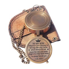 Brass Engrved Compass for Men, Pocket with Leather Case, Mom to Son