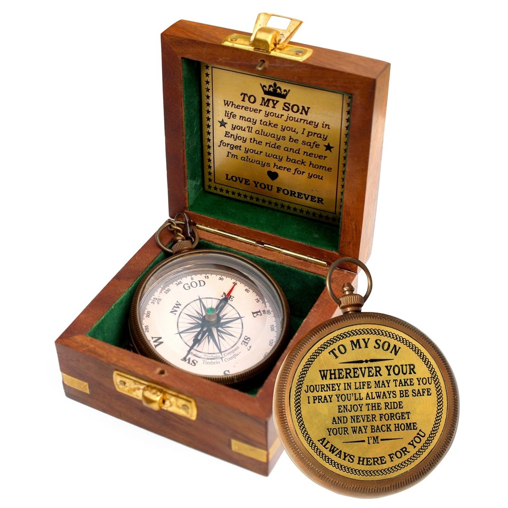 to My Son Engraved Brass Compass with Wooden Box – Antique