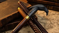 Walking Cane/Axe Handle Design, Black Metal Head, Wooden Shaft, Gold Accent Band