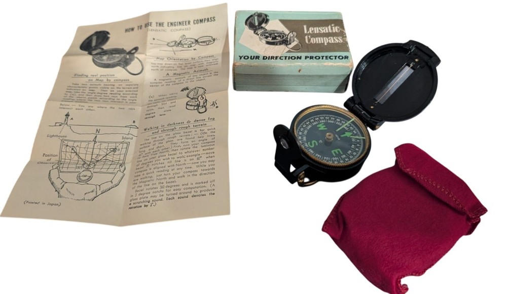 Vintage Lensatic Engineer Compass Japan With Original Box Pouch Instructions