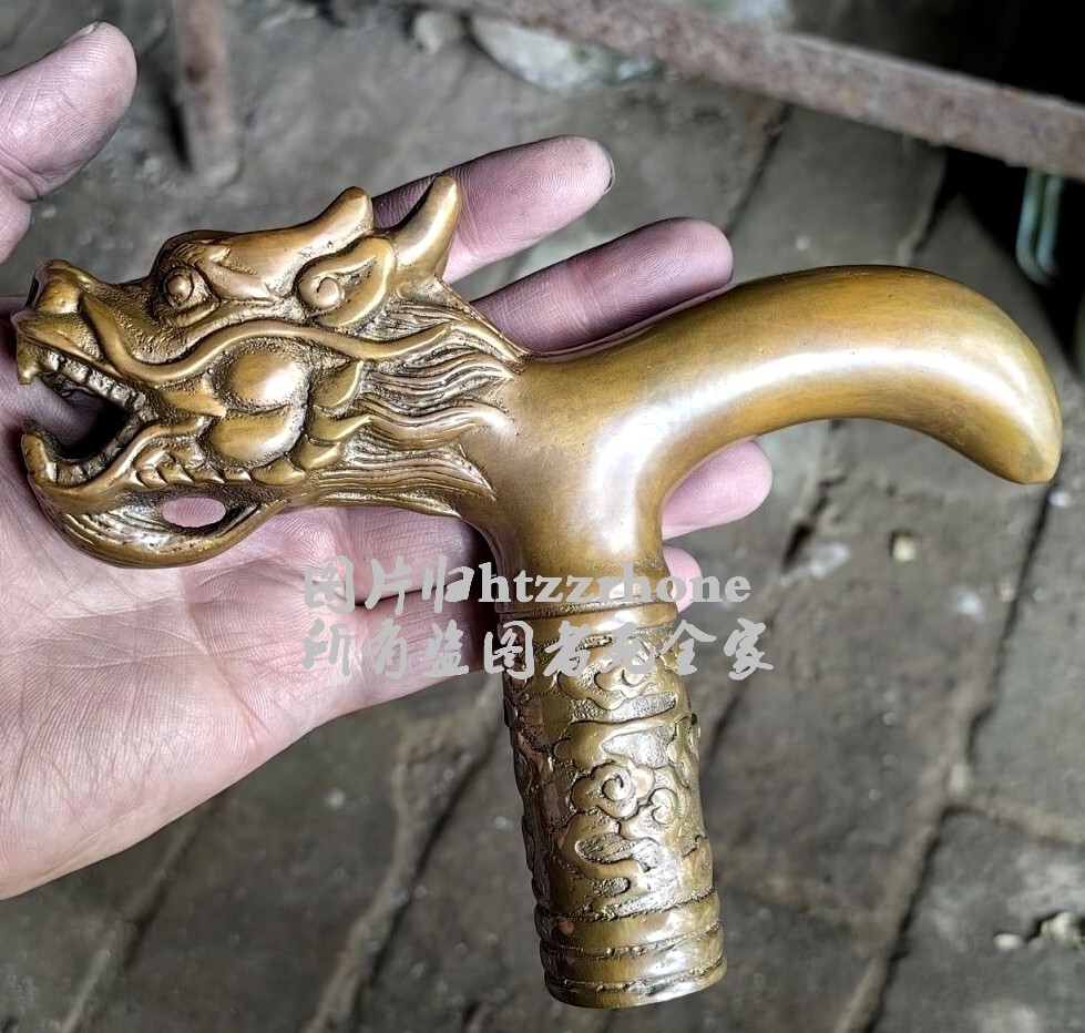 Solid Brass Chinese Dragon Head Statue Walking Stick Cane Handle Top Topper