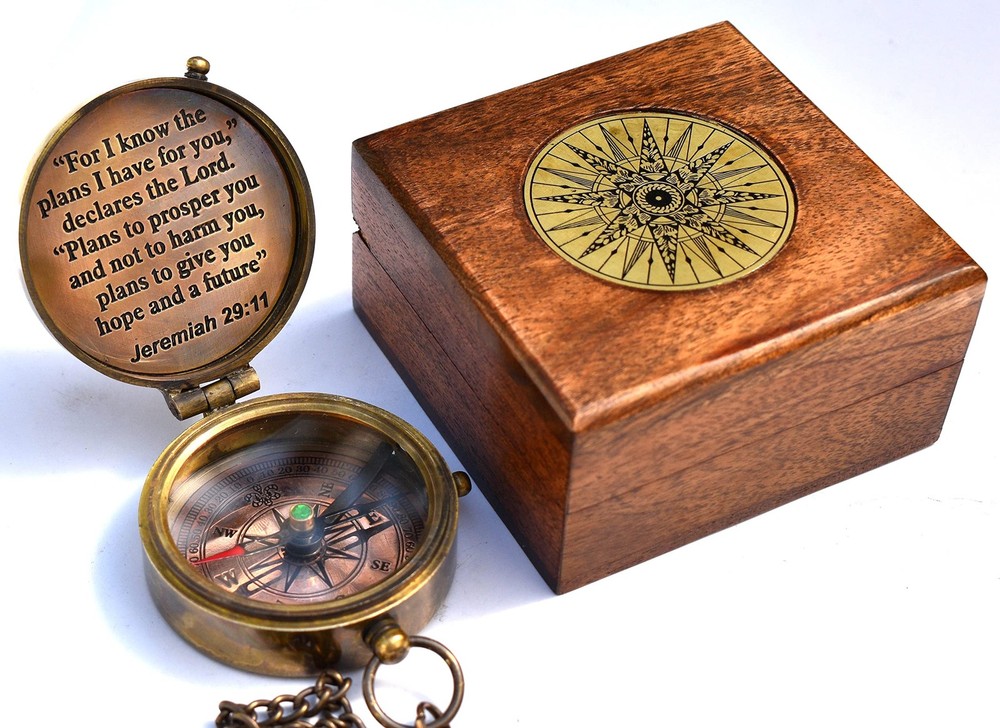 Solid Brass Engraved Compass Jeremiah 2911 Christian Baptism Communion Gift