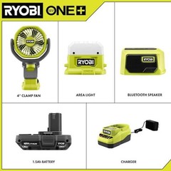 Ryobi ONE+ Camper’s Kit. Bluetooth Speaker, Light, Clamp FAN Battery & Charger