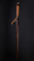 Watch Cane Mahogany Wooden Walking Stick w/ Brown Leather Handle & Wrist Loop