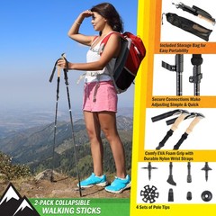 Collapsible Walking Sticks Set of 2 Foldable Trekking Poles Hiking Gear, Black