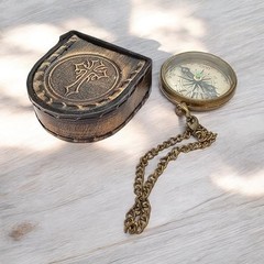 Vintage-Style Brass Compass with Chain and Leather Case Be Strong & Courageous