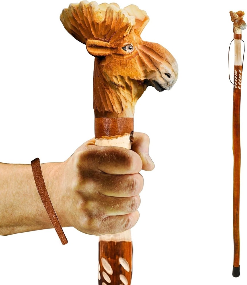 Sculpted Moose Wood Walking Stick – Lightweight Cane & Trekking Pole for Seniors