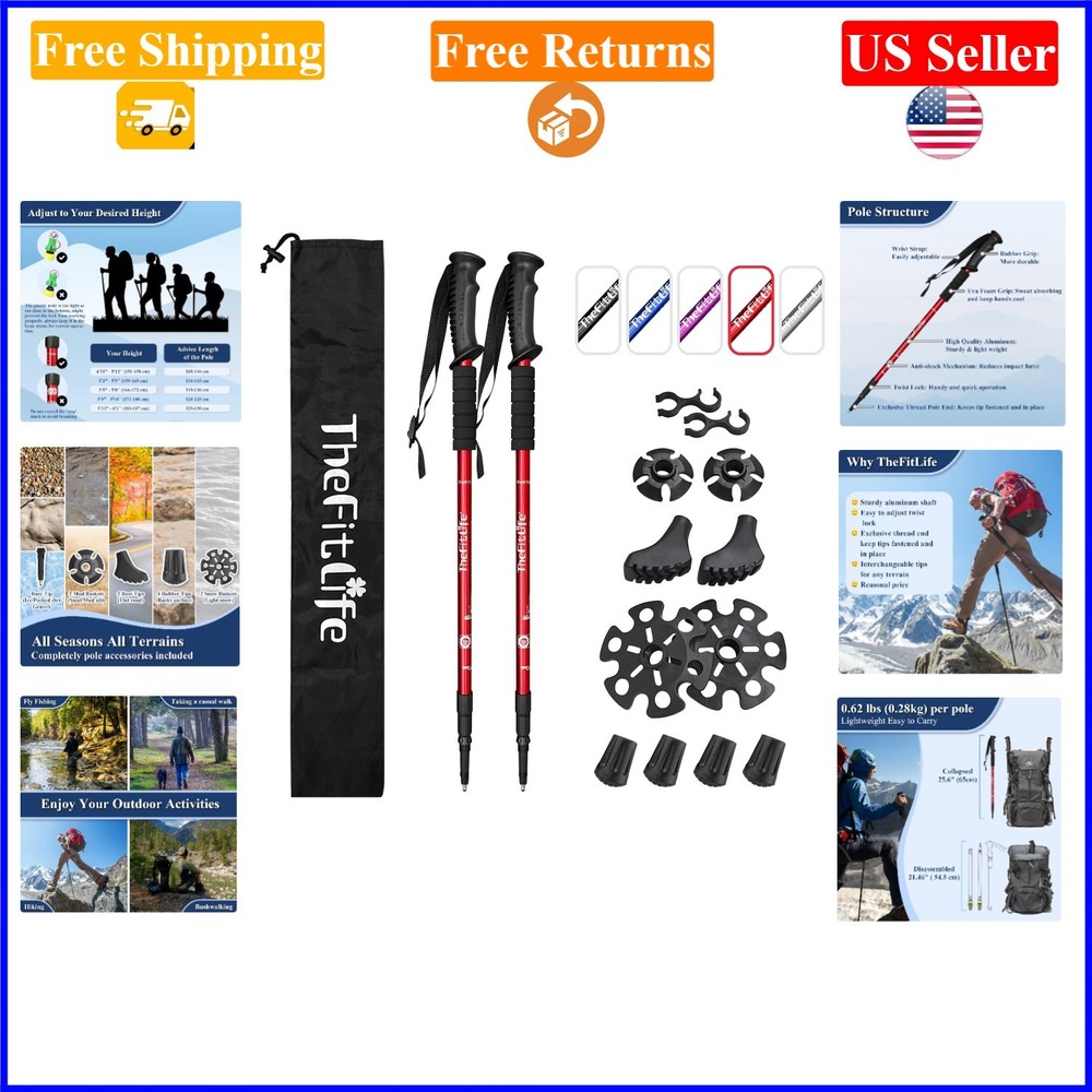 Red Aluminum Nordic Walking Poles 51.2″ Collapsible, Shock-Absorbing