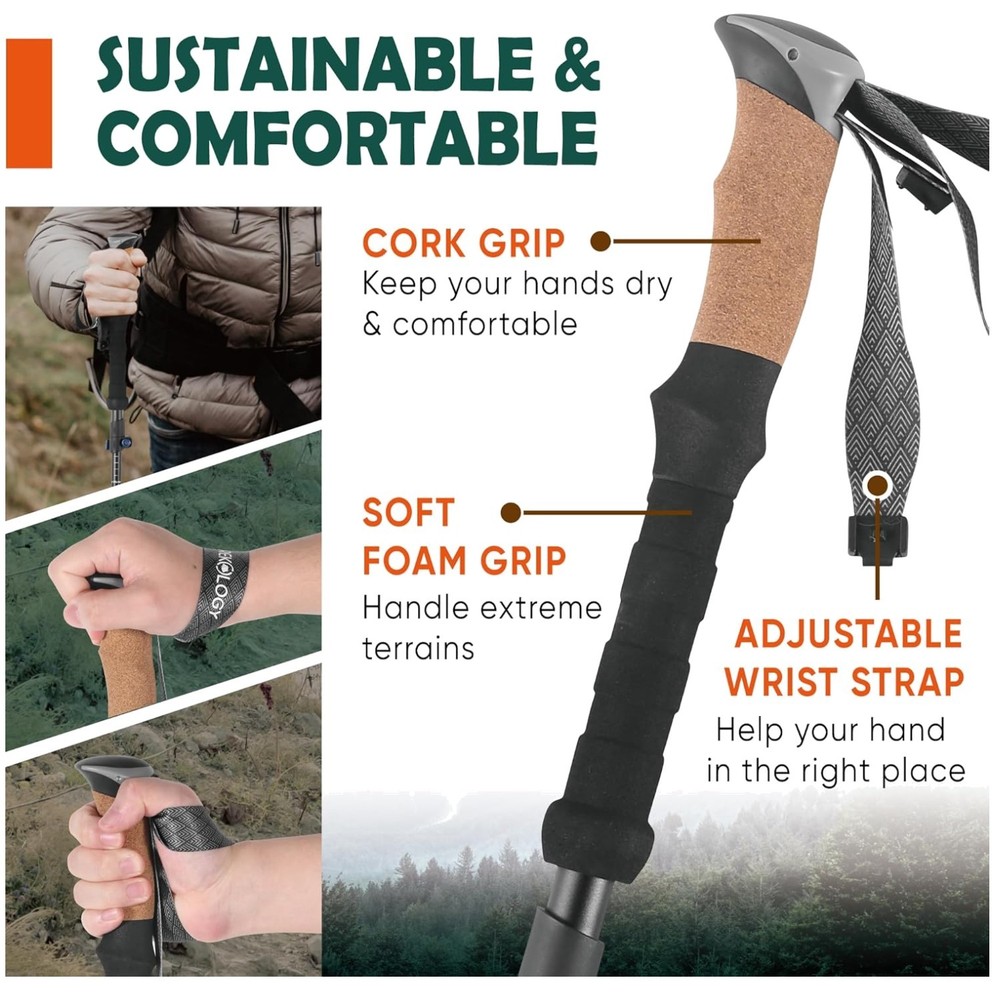 Trek-Z Cork Grip Trekking Poles – Lightweight Folding Sticks