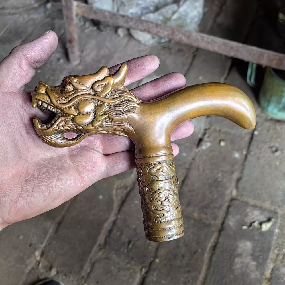 Solid Brass Chinese Dragon Head Statue Walking Stick Cane Handle Top Topper