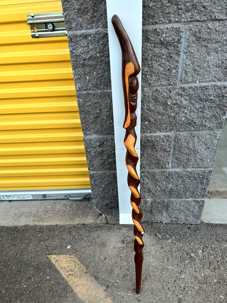 Hand-Carved Twisted Wood w/ Face Walking Stick Hiking Staff Cane 44”h