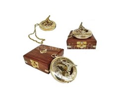 Vintage Steampunk Brass Compass Maritime With Chain With Anchor Wooden Case