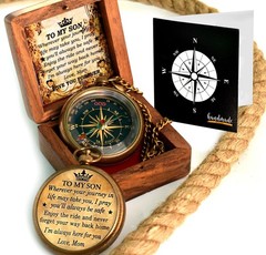1 Kit Mom To Son Engraved Brass Compass Wooden Box Birthday Graduation Gift