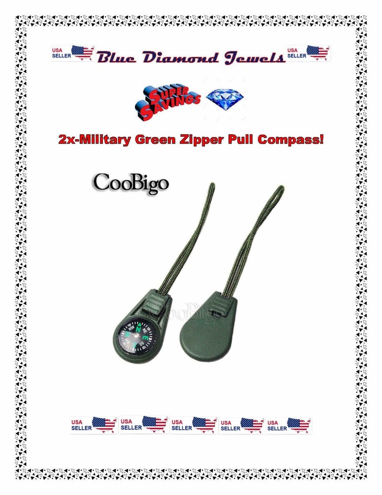 2pc Military Green Zipper Pull Mini Compass Backpack Bag Camping US SELLER!