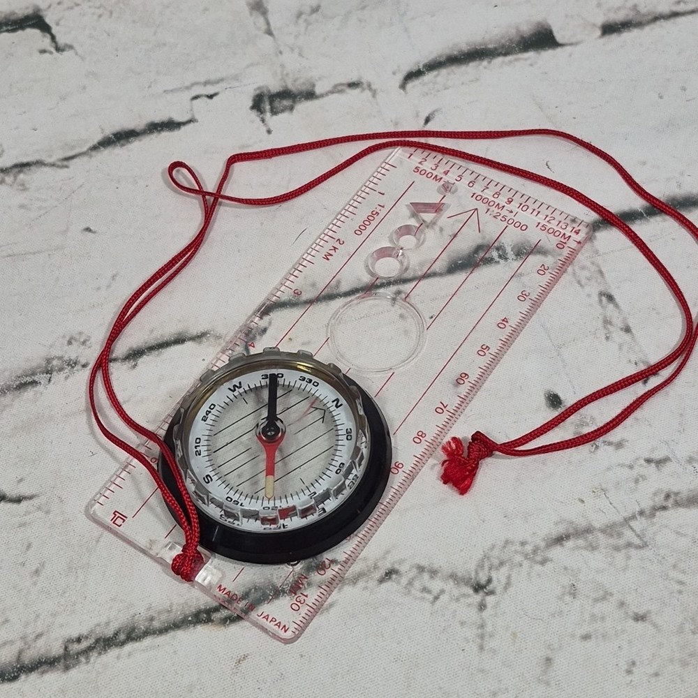 Vintage Clear Compass Magnifying Directional Navigation Survival Tool Red Cord