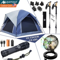 4 Person Camping Tent &Trekking Poles &Portable Tent Fan w/LED Light &Flashlight